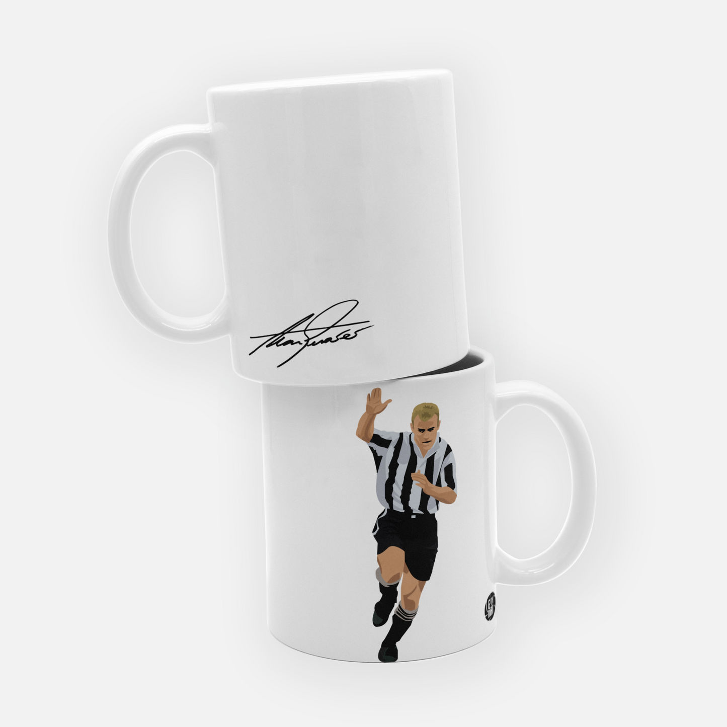 Newcastle United mug featuring an illustration of Alan Shearer's iconic arm-raised celebration and his signature, perfect for any fan of the legendary striker.