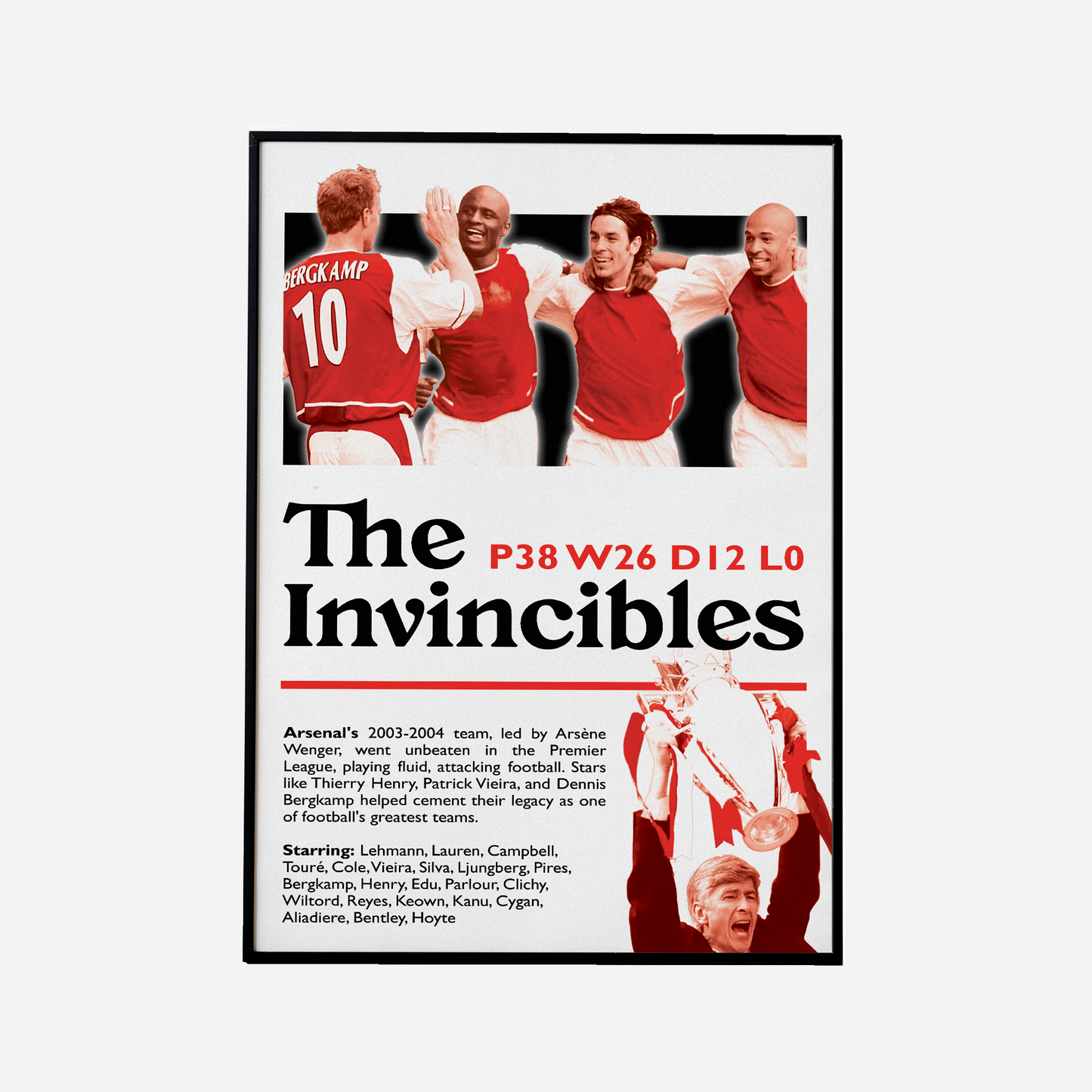 Arsenal Invincibles poster celebrating the legendary 2003-04 season, featuring key players from the unbeaten squad in a bold design. A tribute to Arsenal’s historic achievement.