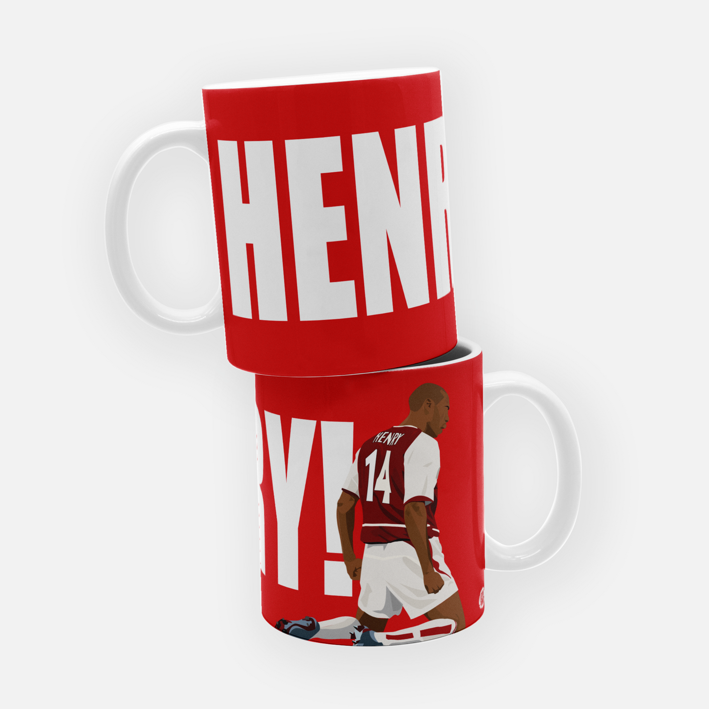 Arsenal FC mug with an illustration of Thierry Henry's famous knee slide celebration, capturing the iconic moment in club history, perfect for any Gunners fan.