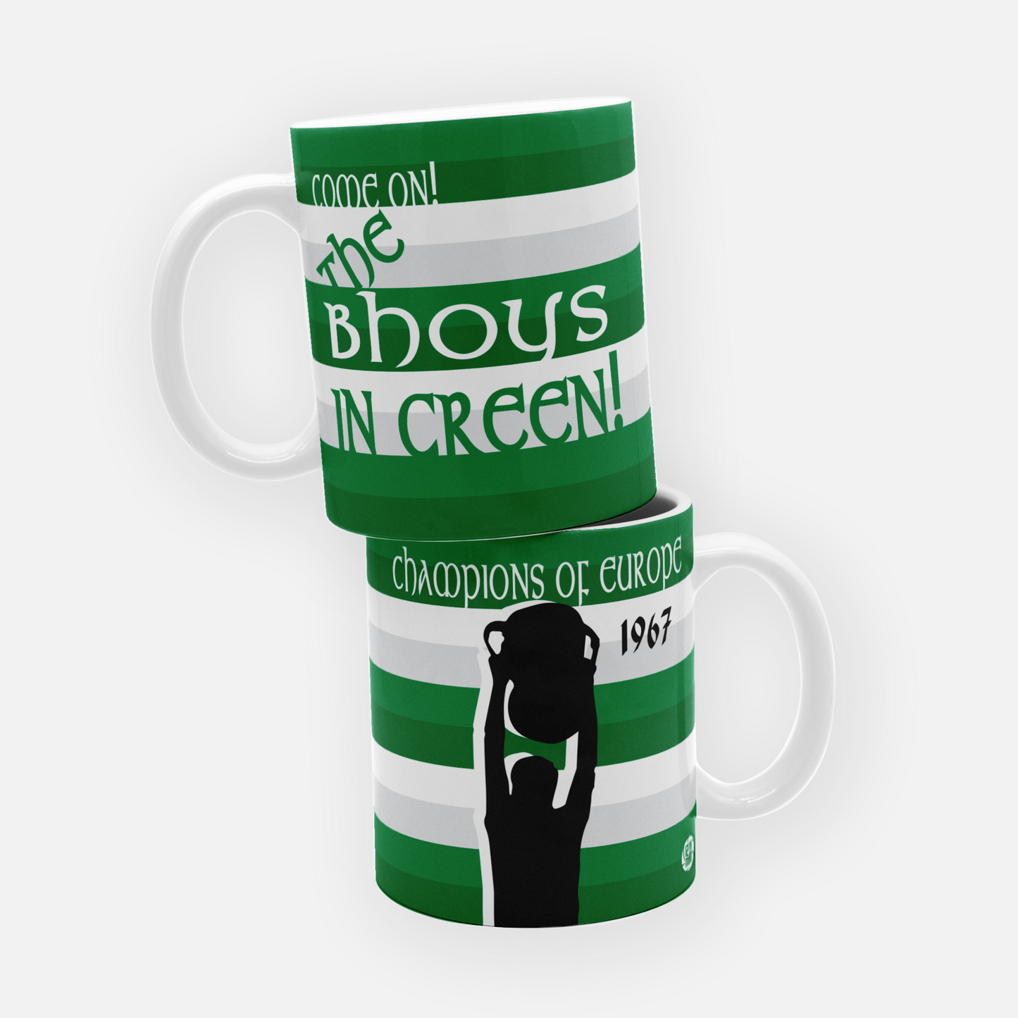 Celtic mug featuring the slogan 'The Bhoys in Green,' celebrating the club’s famous green colors and nickname, perfect for passionate Celtic fans.