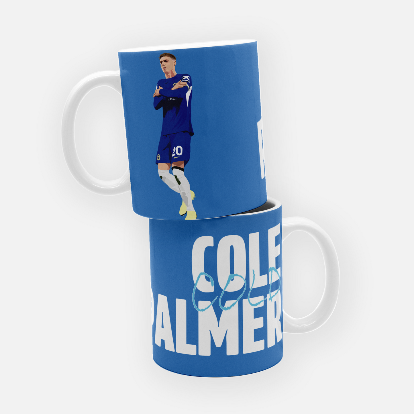 Chelsea FC mug featuring an illustration of Cole Palmer’s iconic celebration, perfect for Chelsea fans.