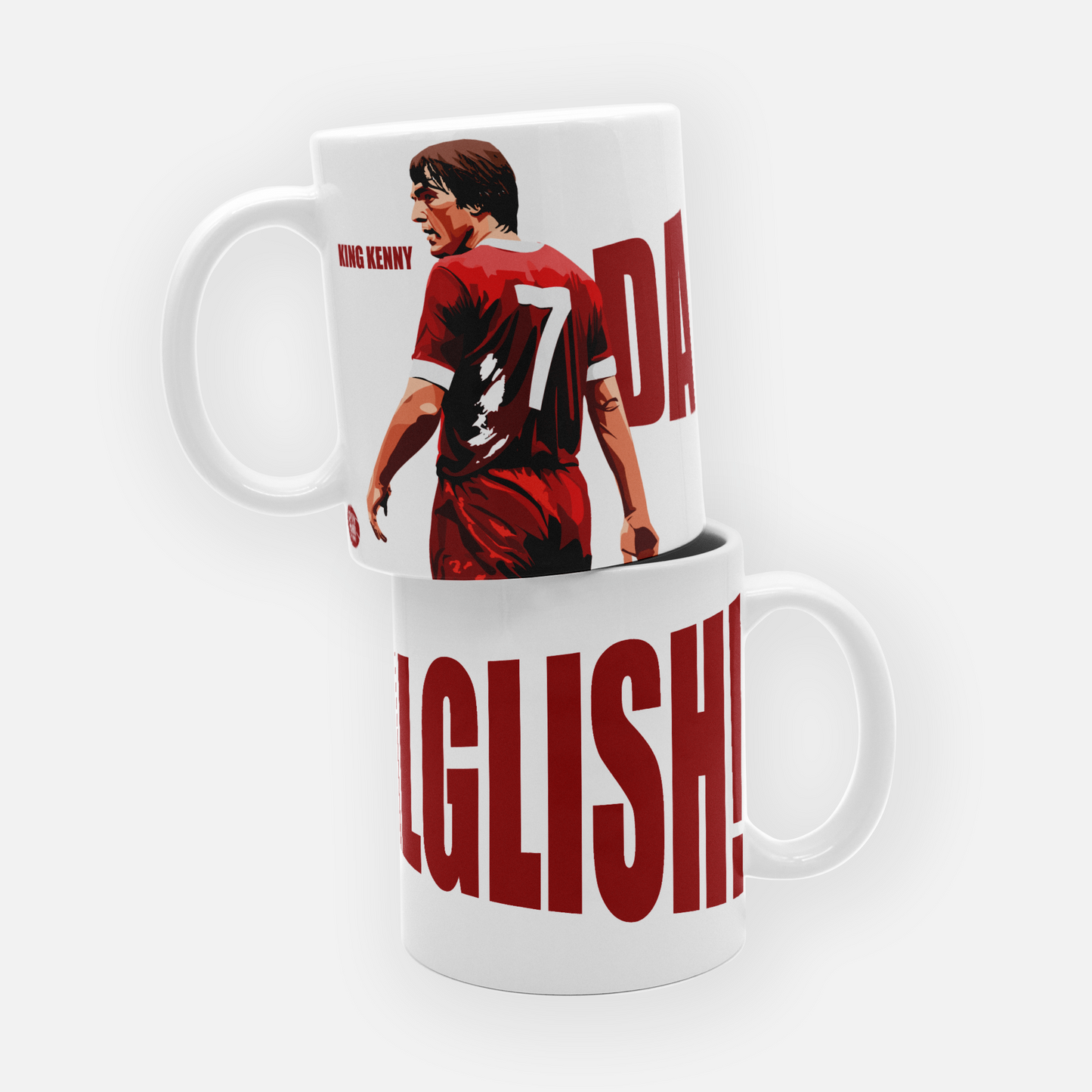 Kenny Dalglish 'King Kenny' Liverpool mug featuring his iconic image and bold red accents. Perfect for Reds fans to enjoy their brew in style.