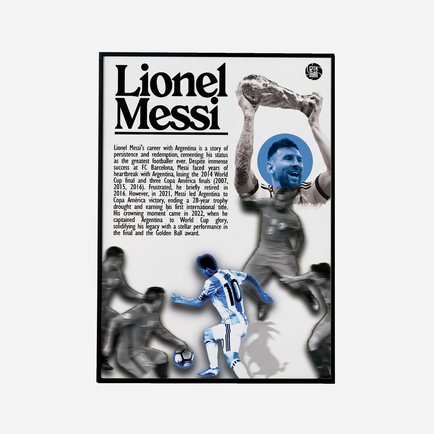Argentina poster featuring Lionel Messi, celebrating his legendary career with the national team, including his World Cup triumph and iconic moments that define his status as one of the greatest footballers of all time.