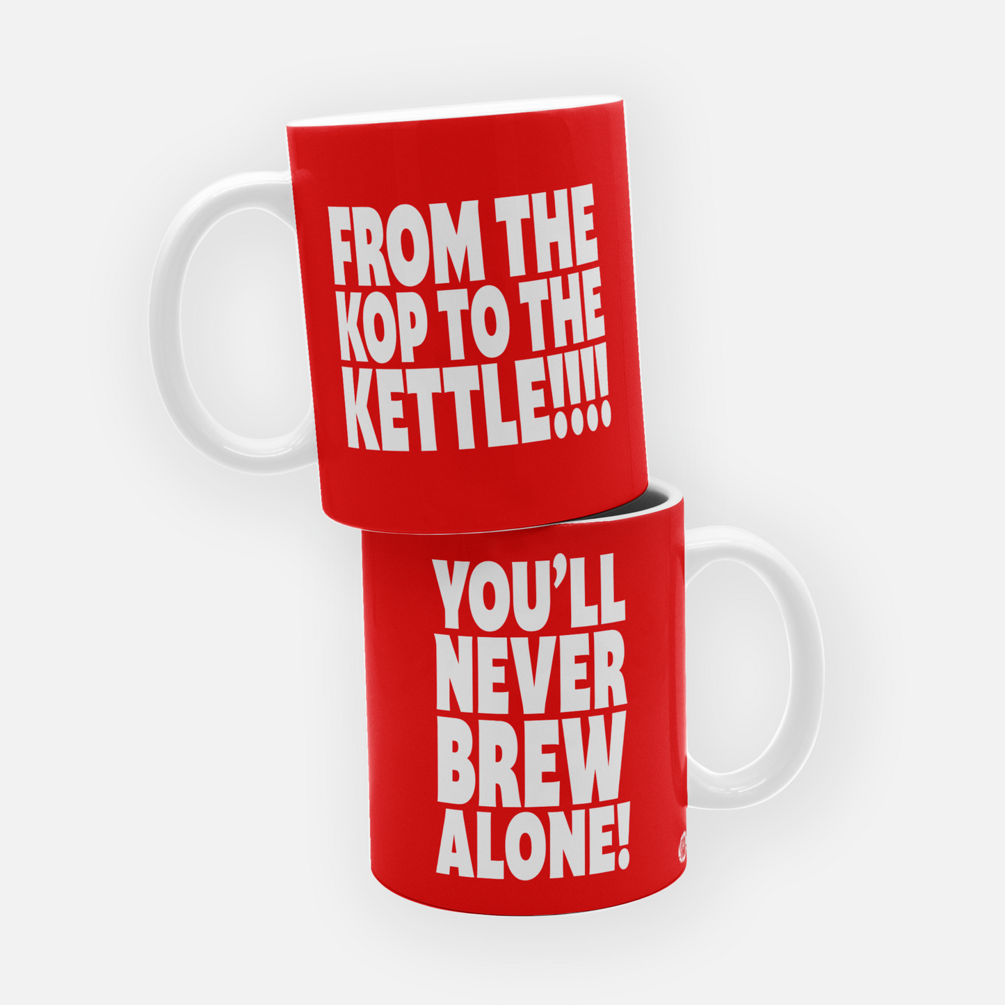 Liverpool FC mug with the slogan 'From the Kop to the kettle, you'll never brew alone,' celebrating the club’s famous anthem in a fun and playful design for Reds fans.