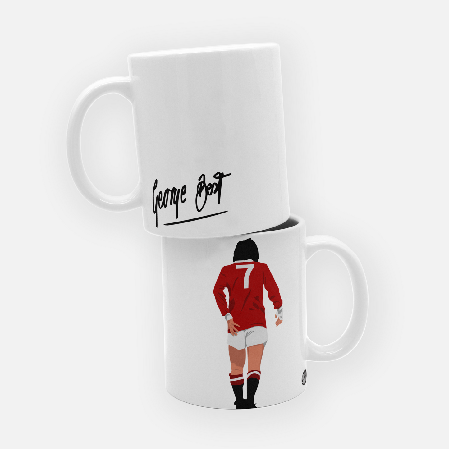Manchester United mug featuring an illustration of George Best, along with his signature, celebrating one of the greatest footballers in the club's history, perfect for Red Devils fans.