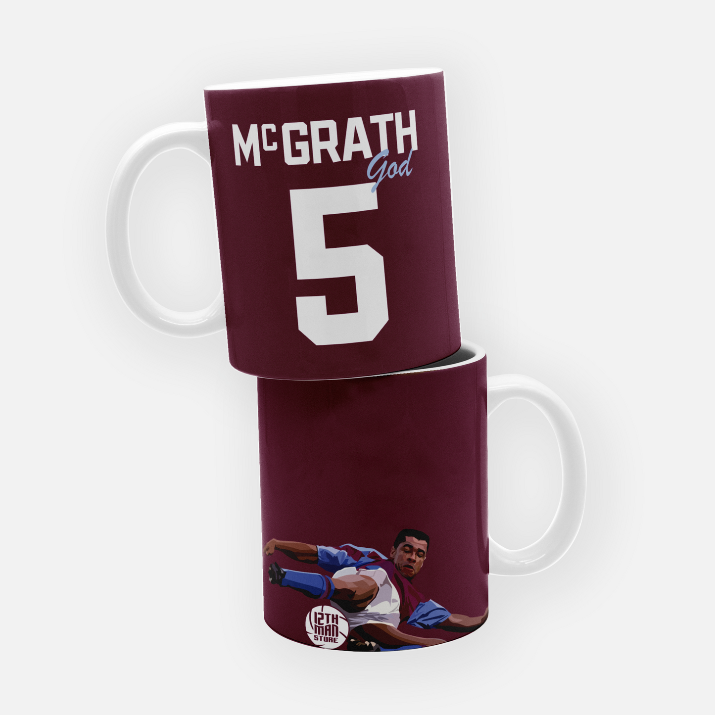 Paul McGrath Aston Villa mug featuring his iconic nickname 'God,' celebrating the legendary defender in claret and blue. A must-have for any true Villa fan!