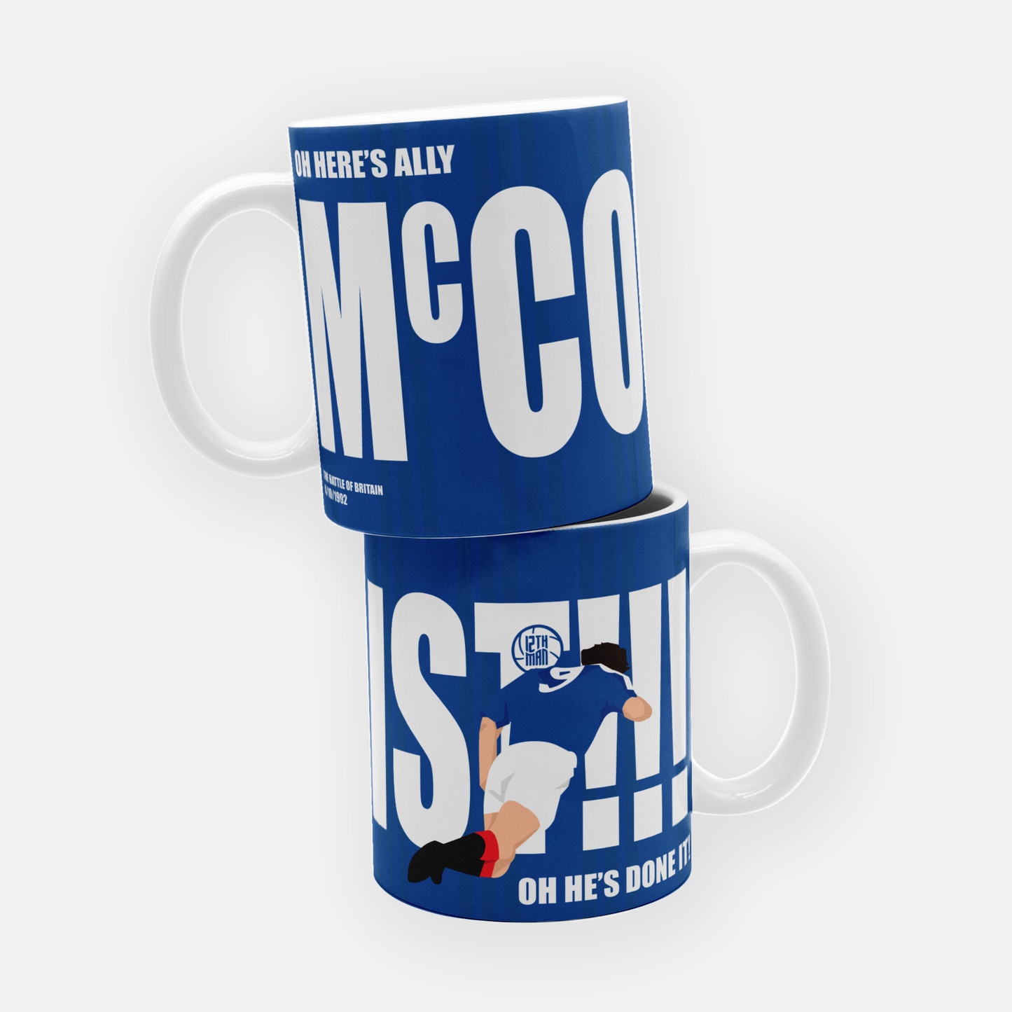 Rangers mug featuring an illustration of Ally McCoist’s iconic diving header against Leeds United in the Battle of Britain, celebrating a pivotal moment in Scottish football history.