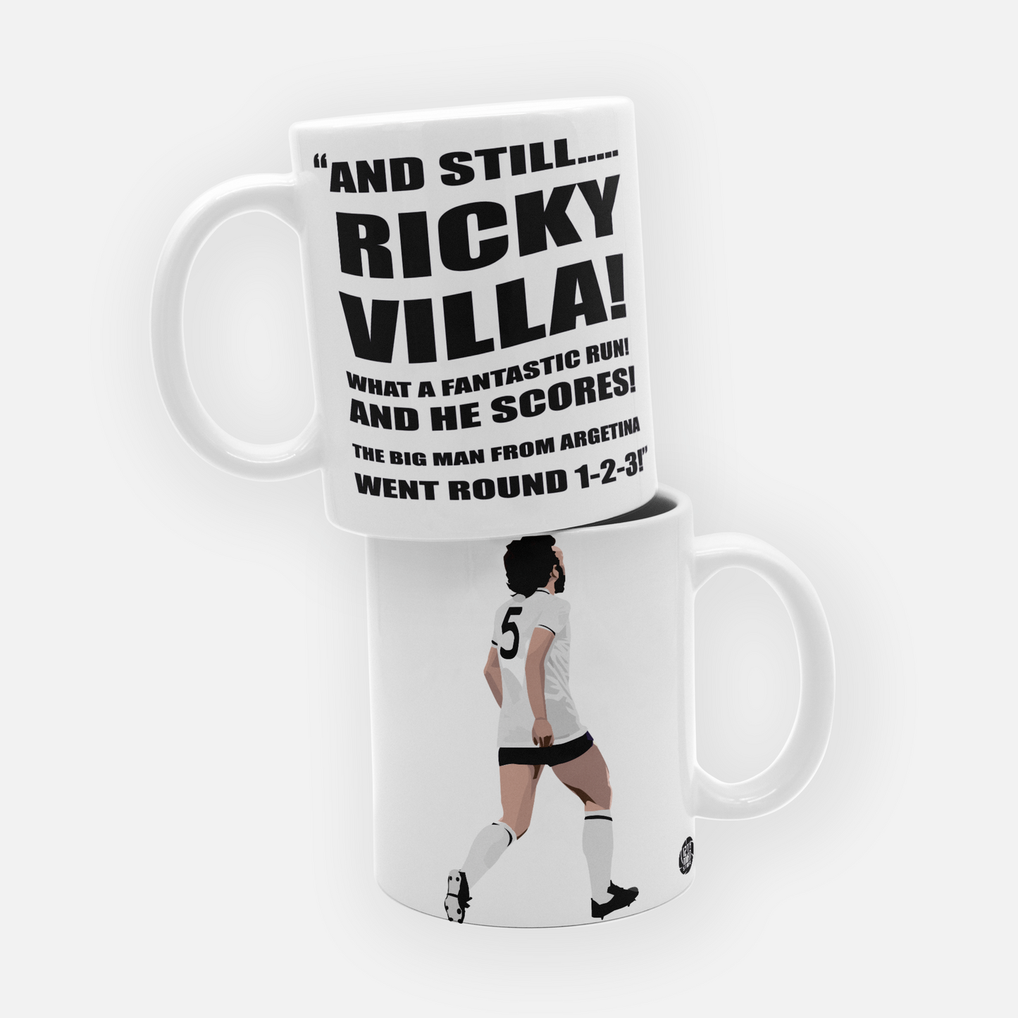 Ricky Villa Spurs mug celebrating his iconic FA Cup-winning goal. Features illustration of his famous 1981 final moment in classic Spurs colors.