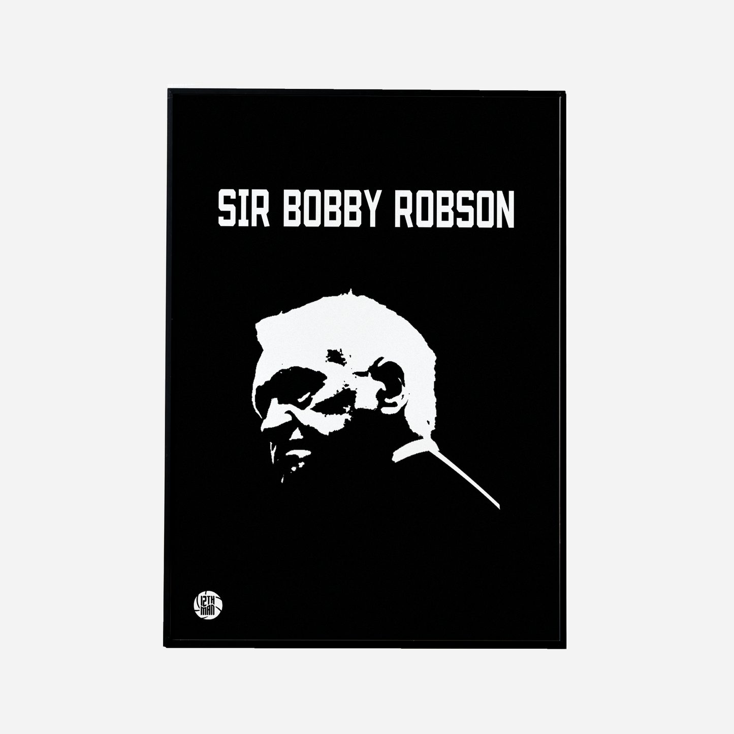 Newcastle United art poster featuring Sir Bobby Robson, celebrating his legacy as one of the club's most beloved managers, with an artistic design reflecting his passion, leadership, and impact on the team during his tenure.