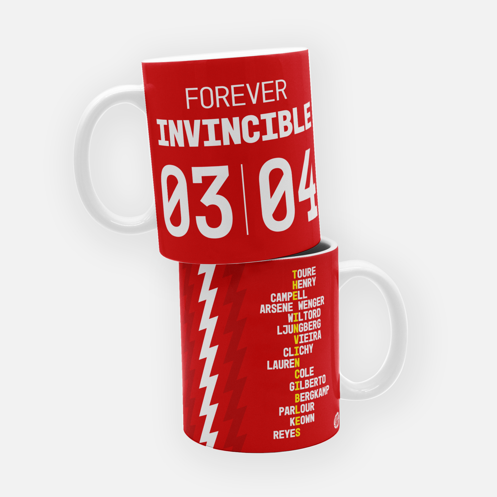 Arsenal Invincibles mug celebrating the legendary 2003-04 unbeaten season, featuring the iconic red and white colors, perfect for commemorating one of football’s greatest achievements.