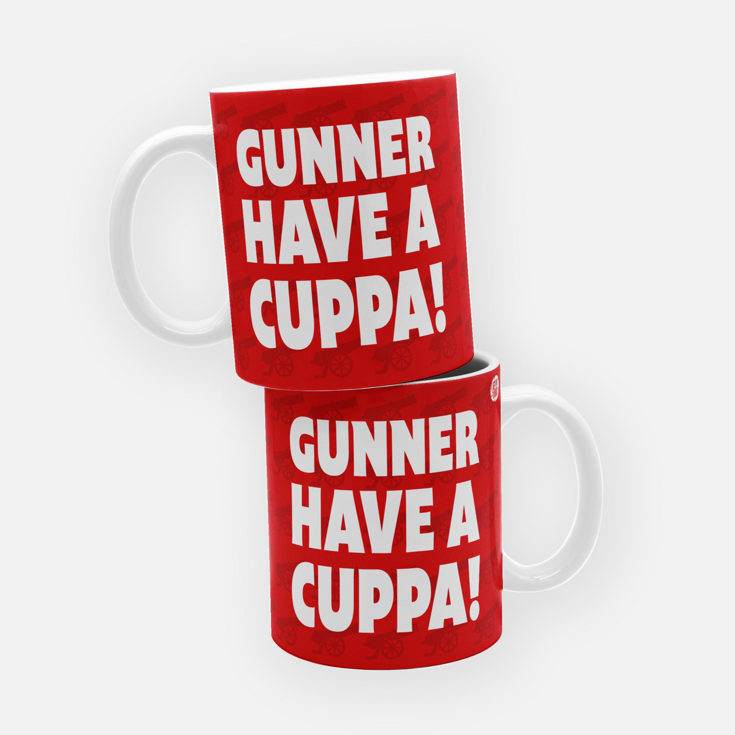 Arsenal mug with the slogan 'Gunner have a cuppa,' featuring the club's iconic red and white colors, perfect for any Gunners fan to enjoy their tea or coffee.