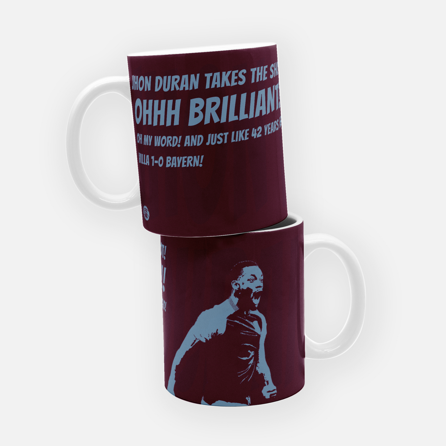 Football mug featuring Jhon Durán, for Aston Villa capturing his memorable goal against Bayern Munich, a standout moment in his career, perfect for fans of the talented forward.