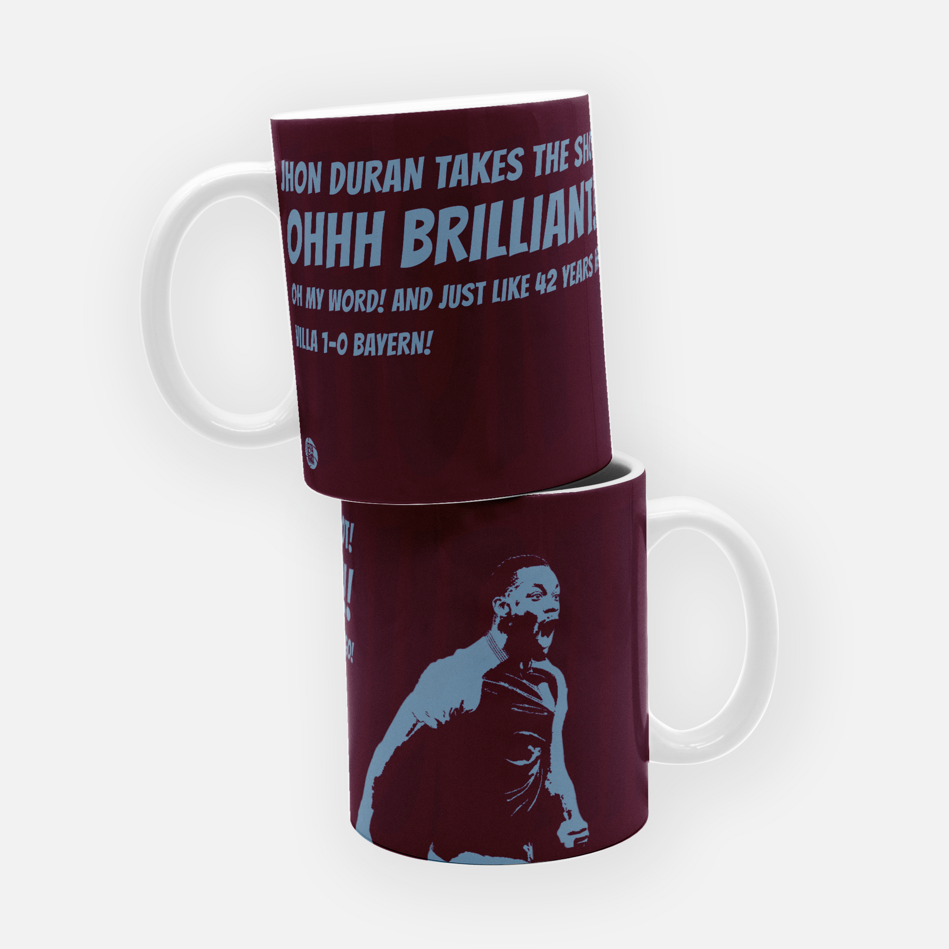 Football mug featuring Jhon Durán, for Aston Villa capturing his memorable goal against Bayern Munich, a standout moment in his career, perfect for fans of the talented forward.