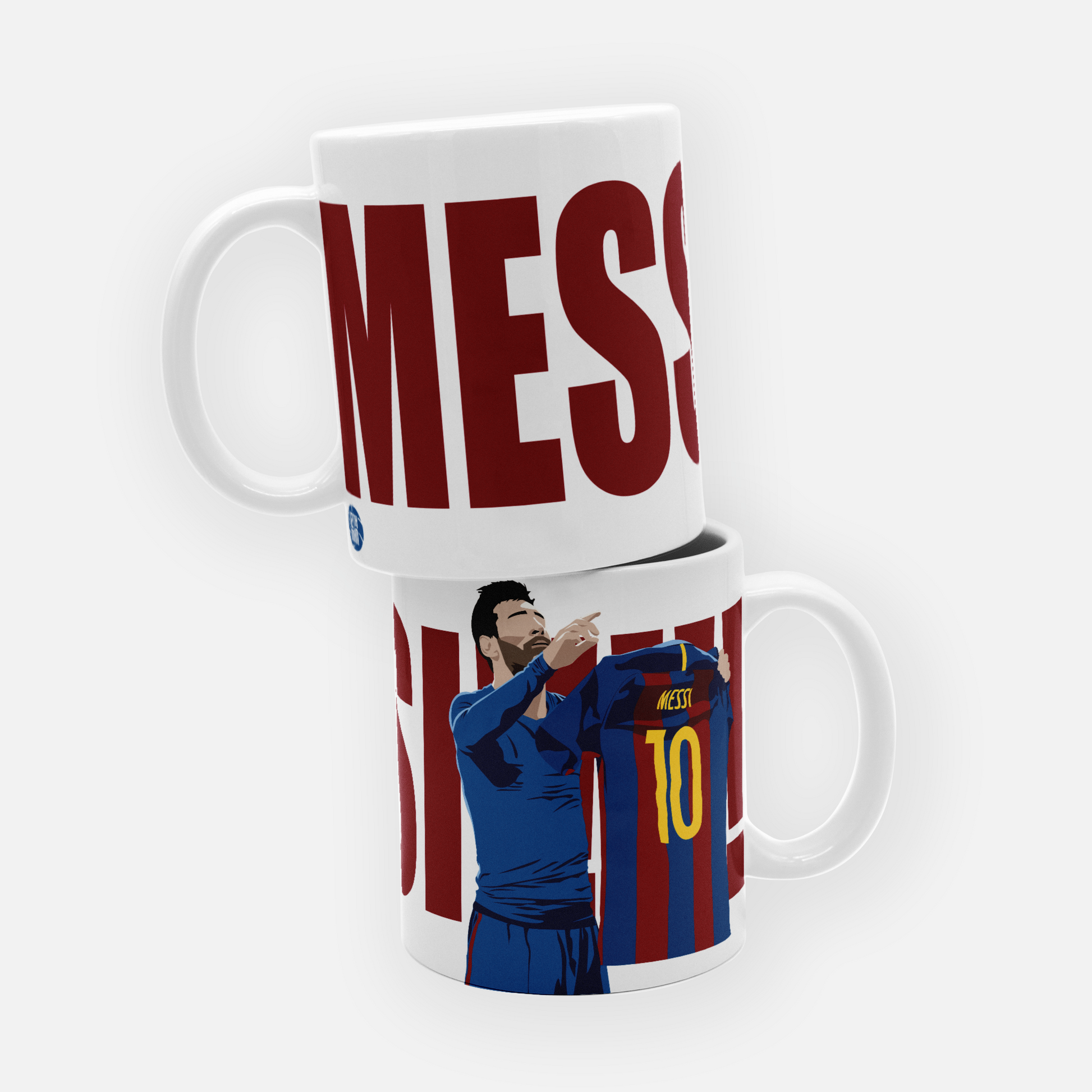Barcelona mug featuring an illustration of Lionel Messi’s iconic celebration, holding up his shirt after scoring a legendary goal, symbolizing his impact on the club’s history.