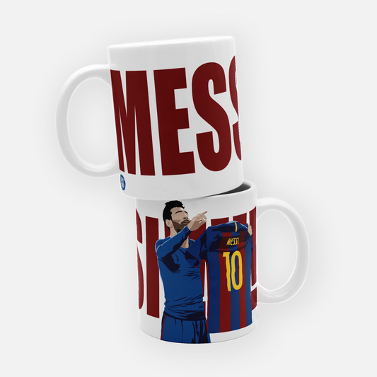 Barcelona mug featuring an illustration of Lionel Messi’s iconic celebration, holding up his shirt after scoring a legendary goal, symbolizing his impact on the club’s history.