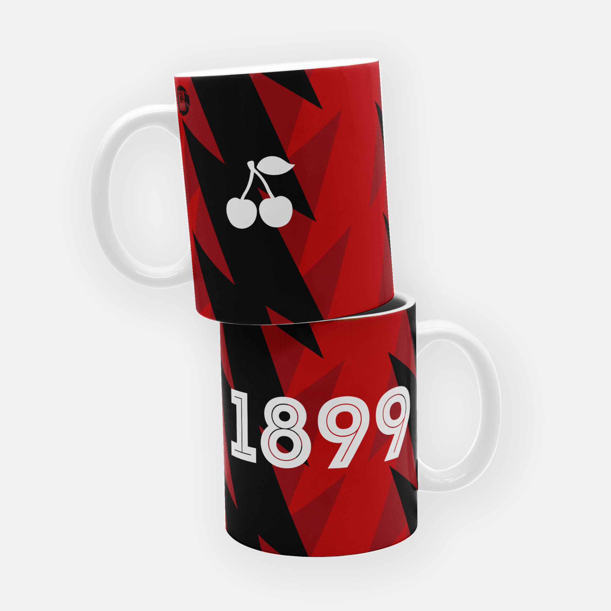 Red and black Bournemouth AFC mug featuring the club's establishment date and a vector of cherries, making it the perfect gift for any Cherries fan.