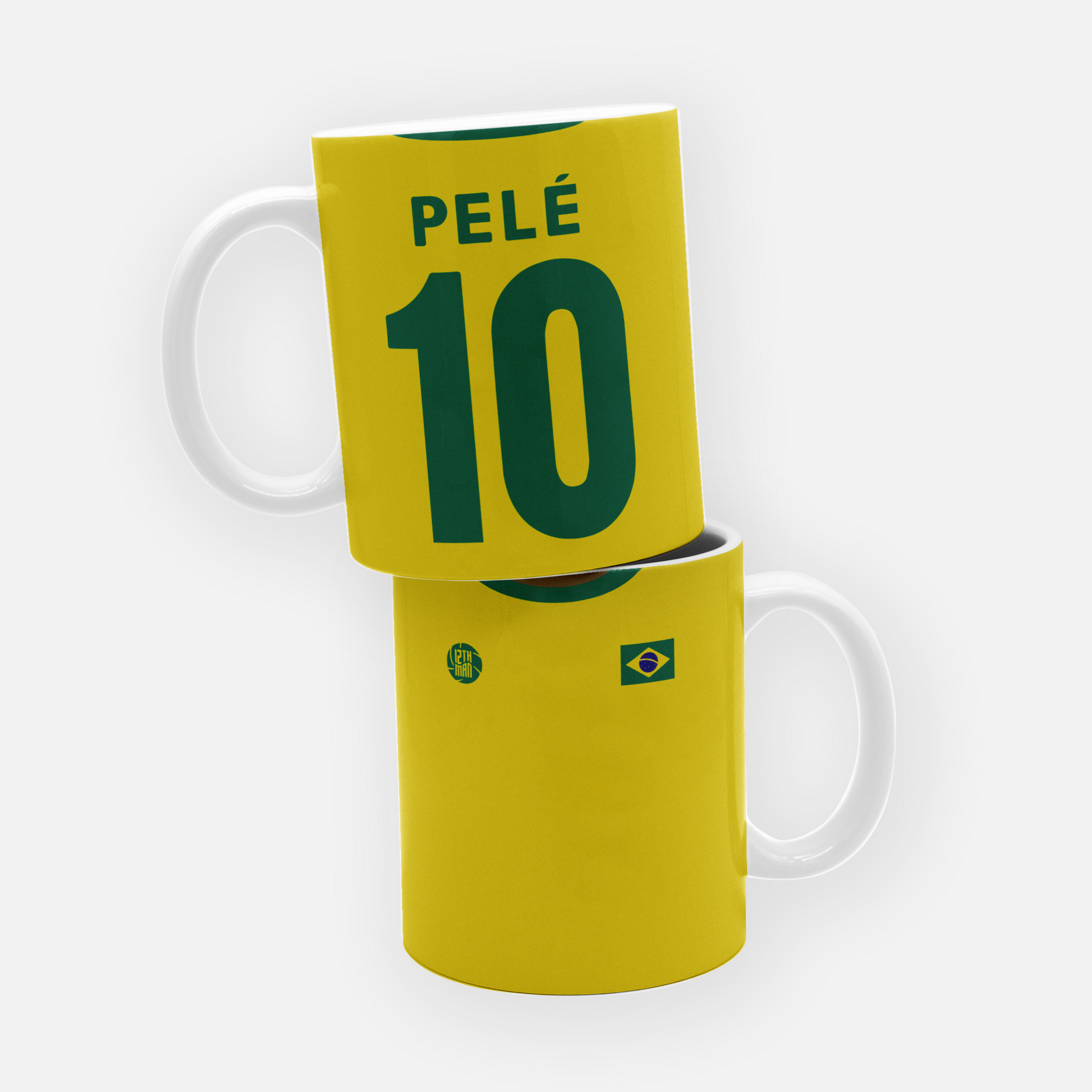 Brazil mug featuring an illustration of Pele, with his name and iconic number 10, celebrating one of the greatest footballers of all time.