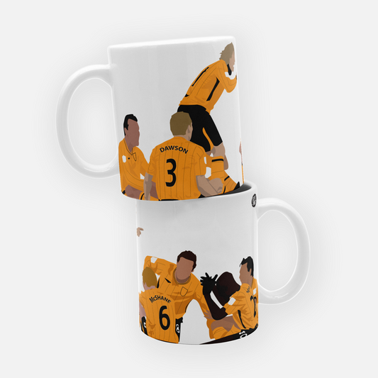 Hull City mug featuring an illustration of Jimmy Bullard's iconic celebration against Manchester City, capturing a memorable moment in football history, perfect for Hull fans.