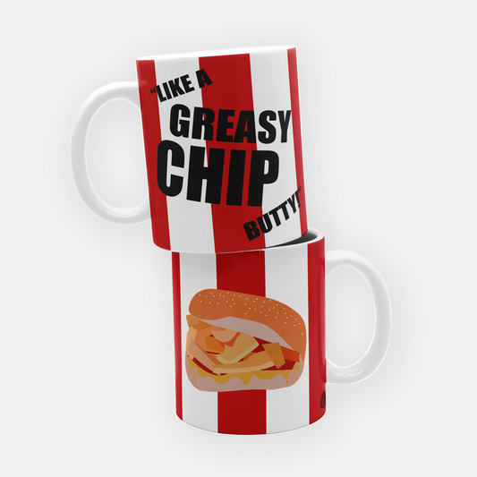 Like A Greasy Chip Butty" Sheffield United mug featuring the club's iconic red and white colors, inspired by the famous Blades fan chant.