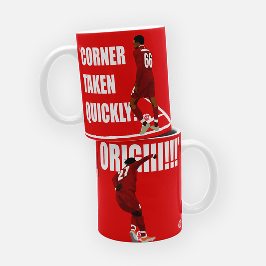 Liverpool FC mug featuring Divock Origi's iconic goal after Trent Alexander-Arnold's quick corner in the 4-0 win against Barcelona in the Champions League.