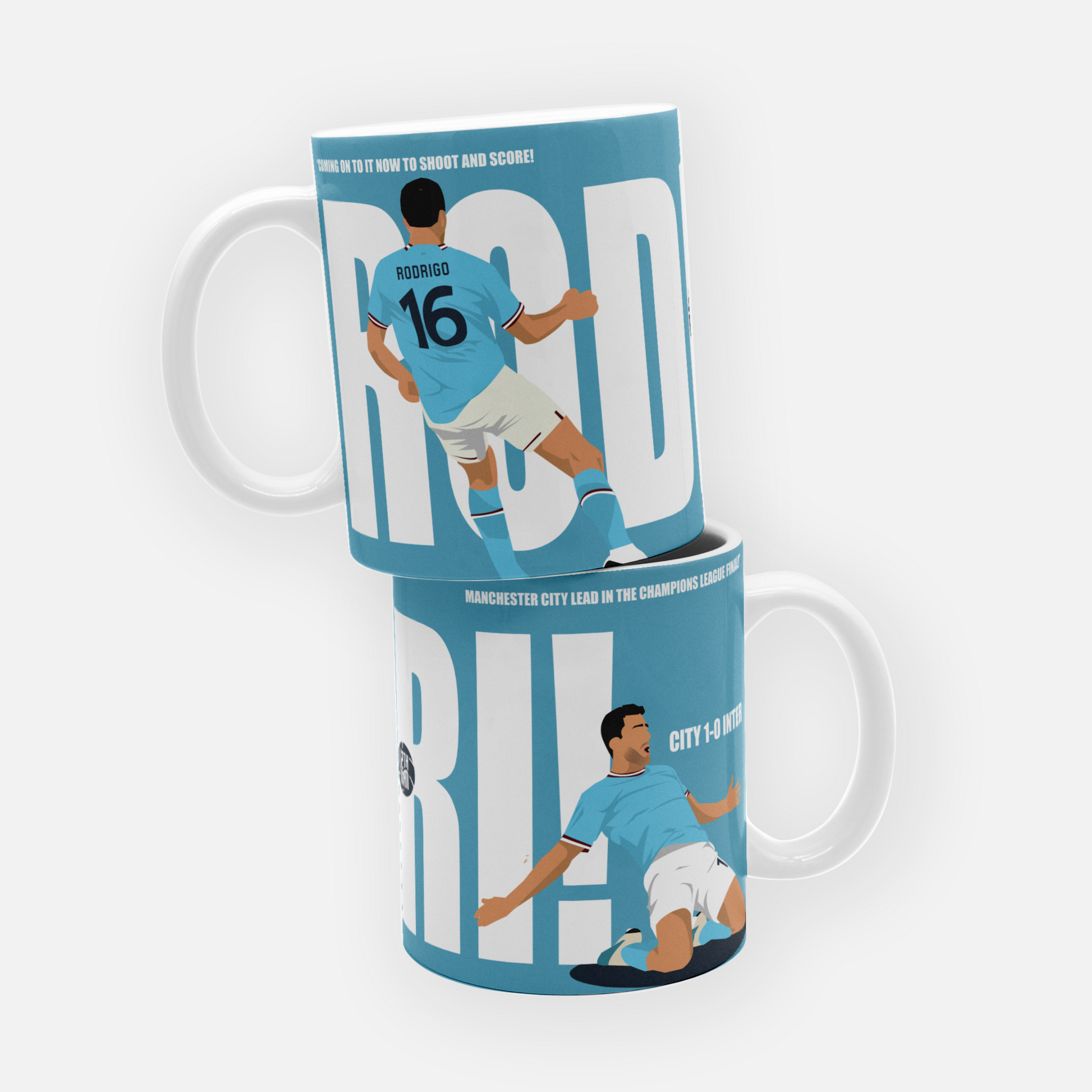 Manchester City mug featuring Rodri’s Champions League-winning goal, capturing the moment that secured City’s first-ever Champions league, perfect for Cityzens celebrating the triumph.