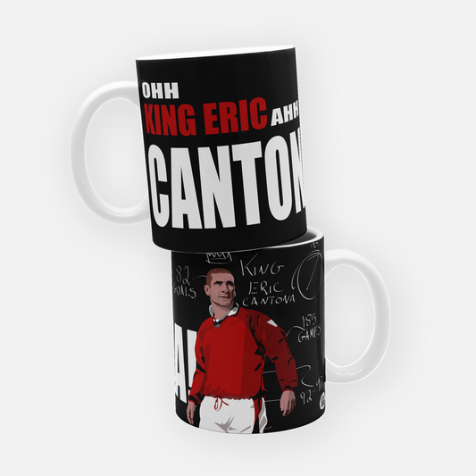 Manchester United mug featuring Eric Cantona with the nickname 'King Eric,' celebrating the iconic French forward and his legendary impact on the club.