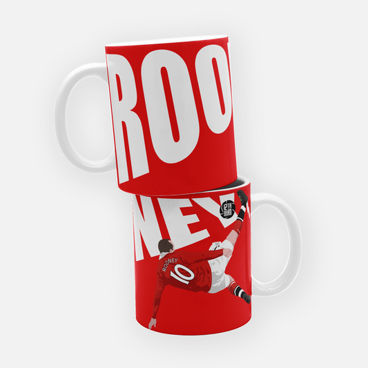 Mug featuring Wayne Rooney’s iconic overhead kick goal, celebrating his unforgettable strike for Manchester United in the derby against Manchester City.