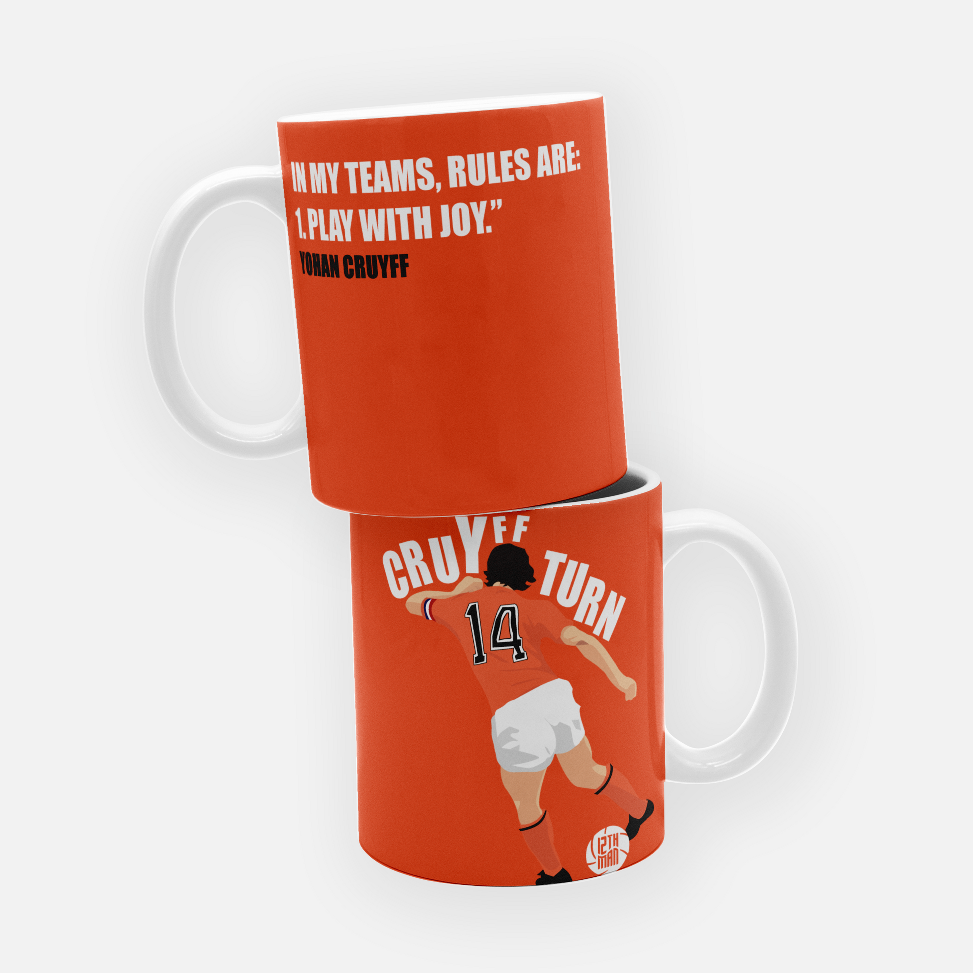 Netherlands mug featuring Johan Cruyff’s iconic Cruyff Turn, celebrating the legendary move that revolutionized football and became a symbol of his skill and vision.