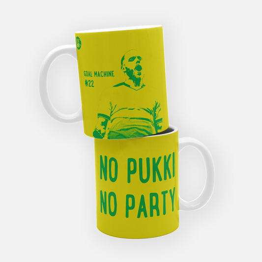 Norwich City mug featuring Teemu Pukki with the slogan 'No Pukki, No Party,' celebrating the striker's impact and cult status among Canaries fans.