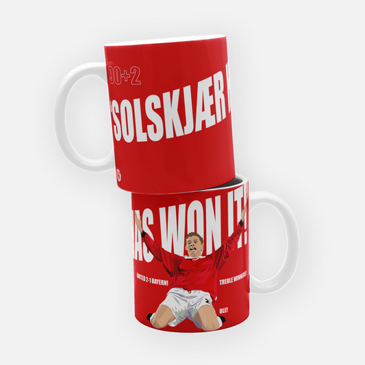 Illustration of Ole Gunnar Solskjær's knee-slide celebration after scoring the iconic winning goal for Manchester United against Bayern Munich in the 1999 UEFA Champions League final, completing the treble.






