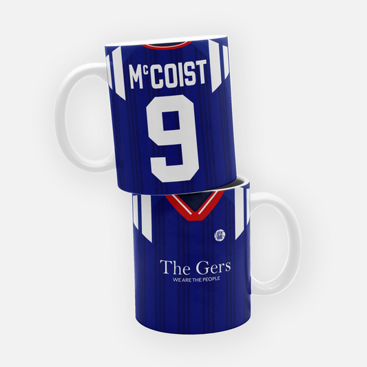 Rangers mug featuring Ally McCoist's name, with a retro-inspired Rangers home shirt from 1992, celebrating the club's rich history and the legendary striker’s iconic role.