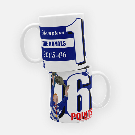 Reading FC mug celebrating their historic 106-point season, marking the club's record-breaking achievement in the Championship, a moment of pride for Royals fans.