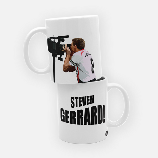 Steven Gerrard Liverpool mug featuring his iconic celebration of kissing the camera, in red, white, and black colors, perfect for passionate Reds fans.