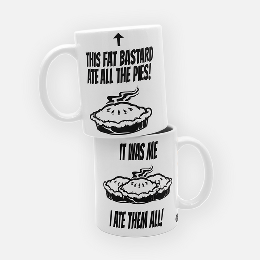 Football chant mug with 'This Fat Bastard Ate All the Pies' and 'It Was Me, I Ate Them All' – perfect for fans with a sense of humor.