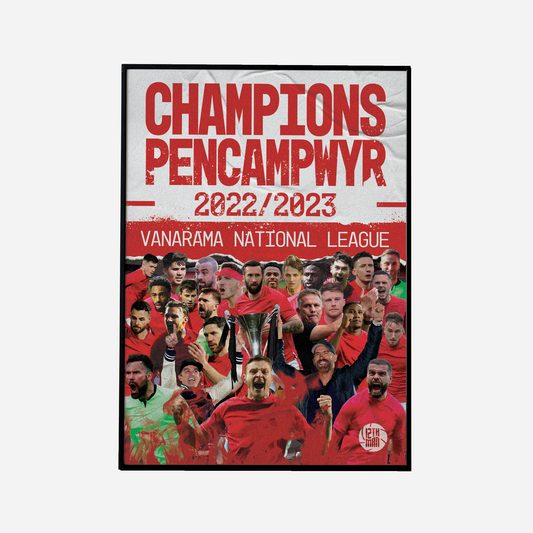 Wrexham FC poster celebrating their 2022/2023 Vanarama National League Championship, marking their return to the Football League with a design that highlights the club’s triumph and the unforgettable moments of their historic season.